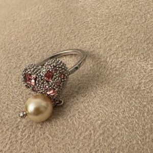 Miu Miu Sterling Silver 925 Crystal Heart Ring Pearl Pink Rhinestone Adjustable